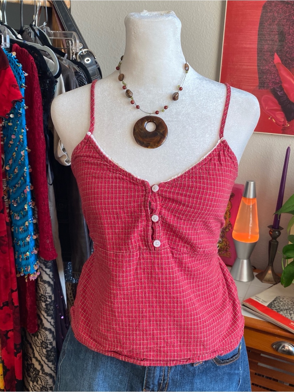 Brandy Melville Red Checked Spaghetti-Strap Camisole